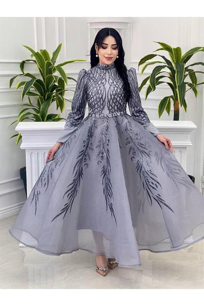 Saray Desen İşlemeli Abiye 18325 Gri
