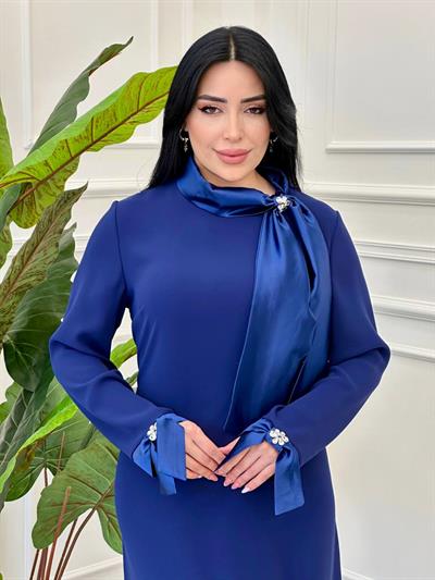Saten Bağlama Krep Elbise 3006 e-25 Saks
