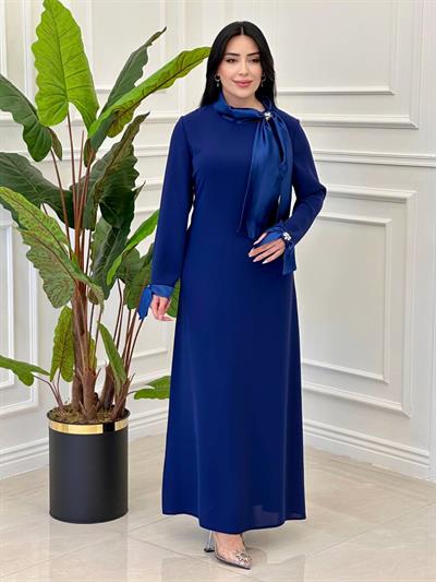 Saten Bağlama Krep Elbise 3006 e-25 Saks
