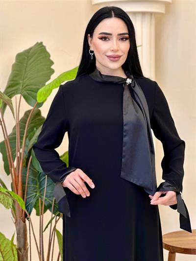 Saten Bağlama Krep Elbise 3006 e-25 Siyah