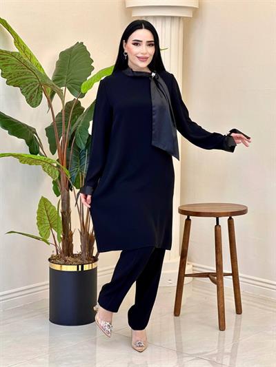 Saten Bağlama Krep Elbise 3006 e-25 Siyah