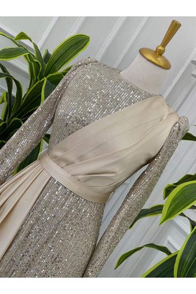Saten Detaylı Payet Elbise 4054 Bej