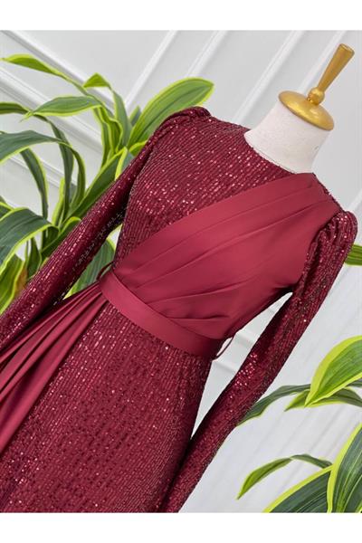 Saten Detaylı Payet Elbise 4054 Bordo