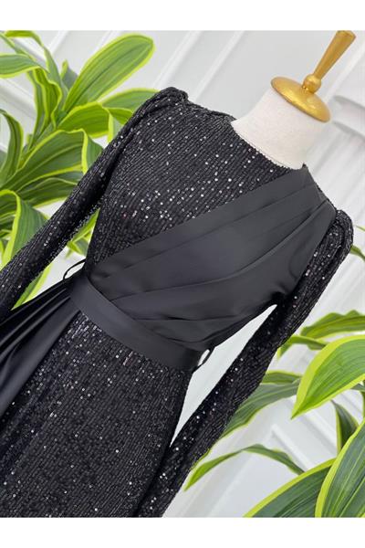 Saten Detaylı Payet Elbise 4054 Siyah