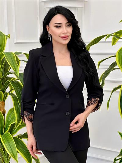 Saten Leopar Detay Ceket 1978 y-24 Siyah