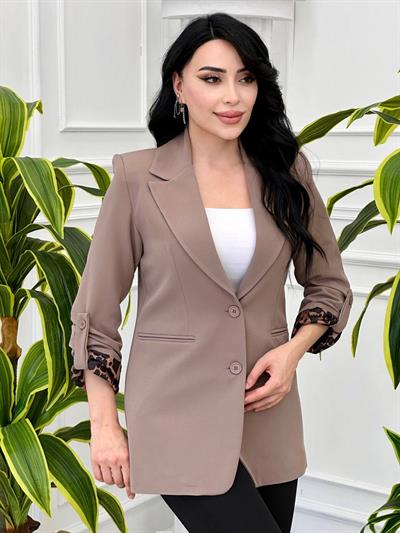 Saten Leopar Detay Ceket 1978 y-24 Vizon