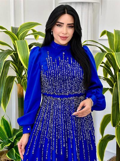 Saten Taşlı Abiye 4646 t-24 Saks