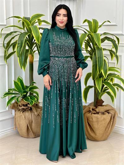 Saten Taşlı Abiye 4646 t-24 Zümrüt Yeşil