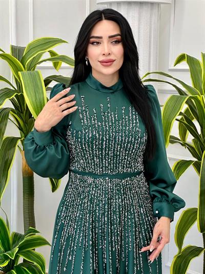 Saten Taşlı Abiye 4646 t-24 Zümrüt Yeşil