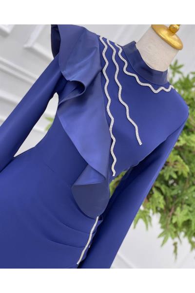 Saten Yırtmaçlı Elbise 3721 Saks
