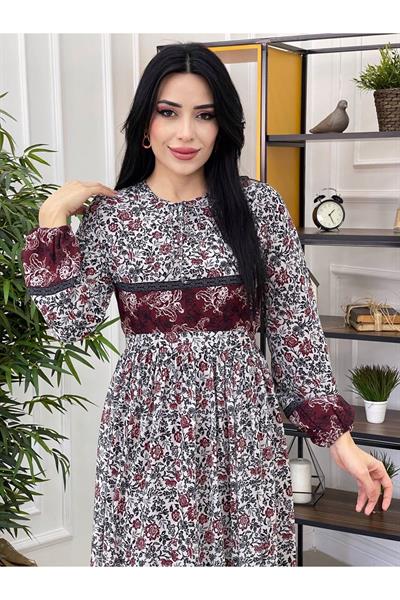 Şerit Detay Şifon Elbise 3370 Bordo