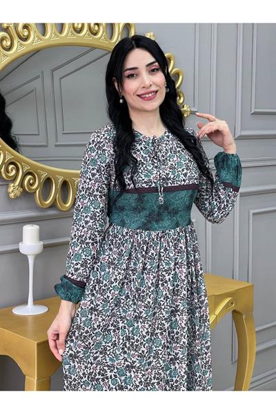 Şerit Detay Şifon Elbise 3370 Yeşil