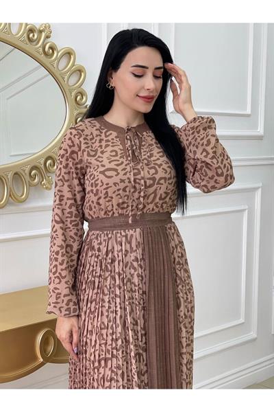 Şerit Pilise Elbise 1136 Bej