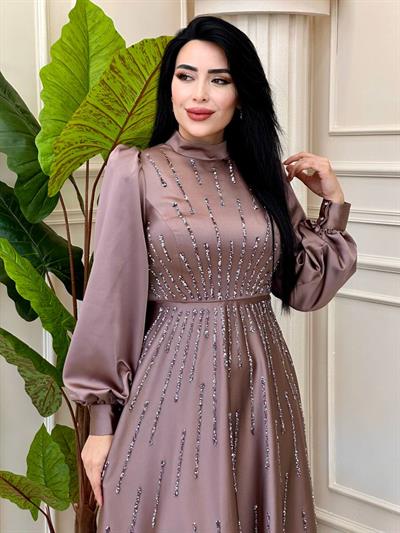 Şerit Taş Balon Kol Saten Abiye 4802 t-24 Rose