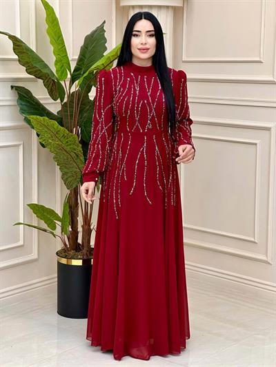 Şerit Taş İşleme Balon Kol Abiye 4630 t-24 Bordo