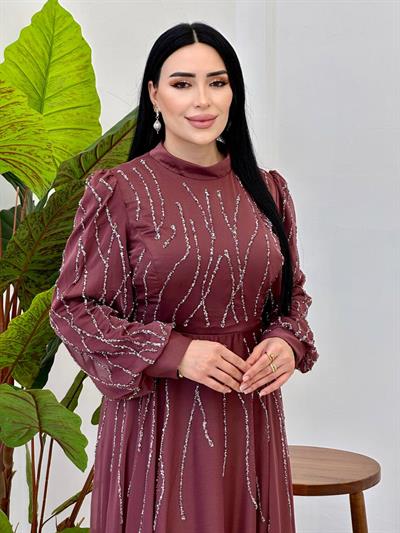 Şerit Taş İşleme Balon Kol Abiye 4630 t-24 Rose