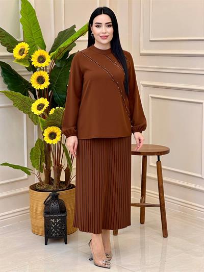 Şerit Taş İşleme Etekli Takım 1382 T025 Kahverengi