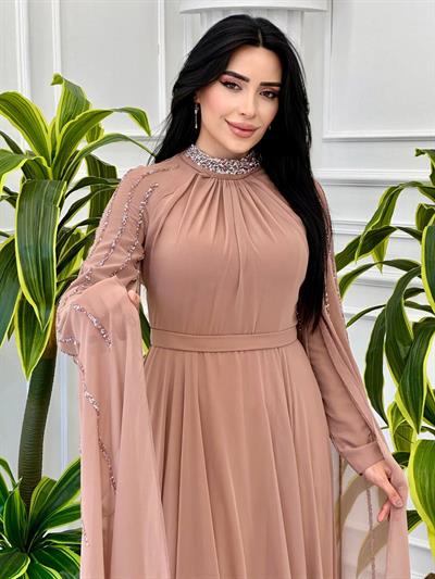 Şerit Taş Pelerinli Şifon Abiye 4738 T-24 Bej