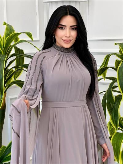 Şerit Taş Pelerinli Şifon Abiye 4738 T-24 Gri
