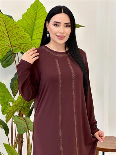 Şerit Taş Penye Anne Elbise Kahverengi