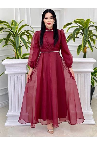 Şerit Taş Tül Elbise 4327 Bordo