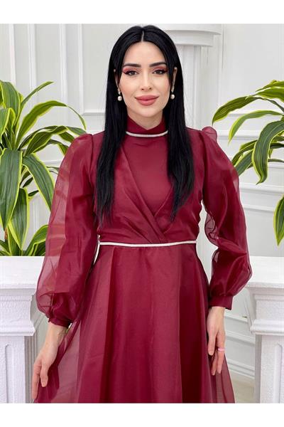 Şerit Taş Tül Elbise 4327 Bordo