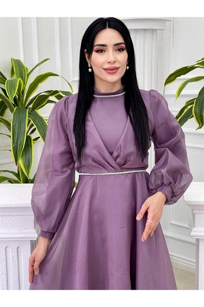 Şerit Taş Tül Elbise 4327 Leylak