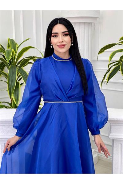 Şerit Taş Tül Elbise 4327 Saks