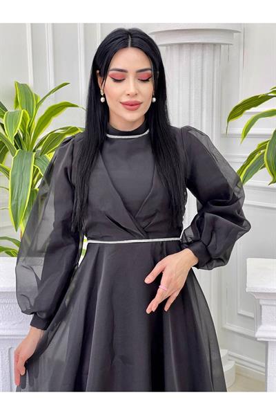 Şerit Taş Tül Elbise 4327 Siyah