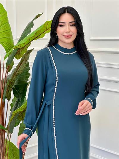 Şerit Taş Yan Bağlama Krep Elbise 1005 e-25 Zümrüt Yeşil