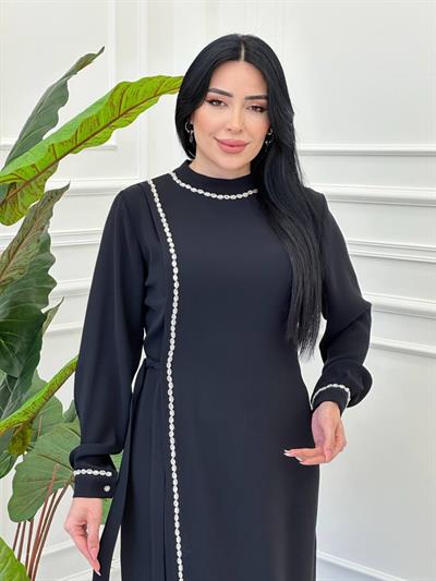 Şerit Taş Yan Bağlama Krep Elbise 1005 e-25 Siyah