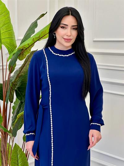 Şerit Taş Yan Bağlama Krep Elbise 1005 e-25 Saks