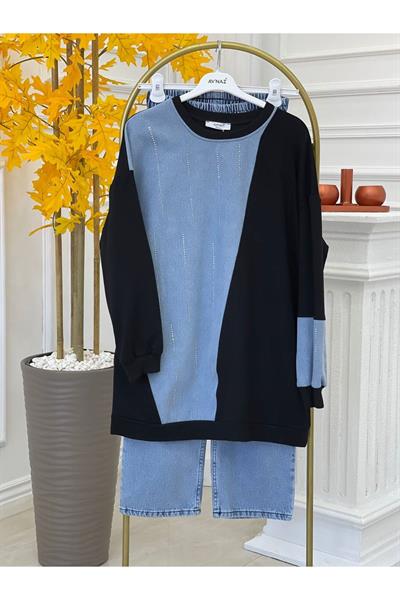 Şerit Taşlı Kot Takım 12204-Siyah Kot