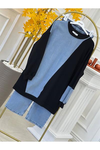 Şerit Taşlı Kot Takım 12204-Siyah Kot