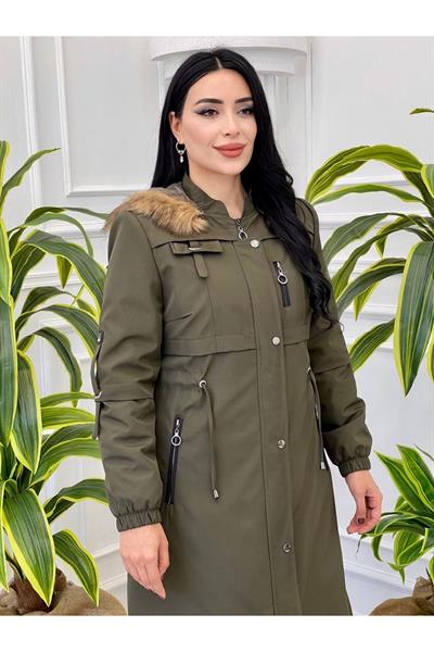 Şeritli Fermuar Parka Kaban 4222 Haki