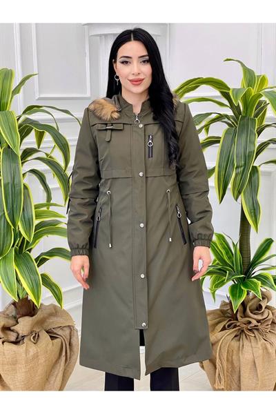 Şeritli Fermuar Parka Kaban 4222 Haki