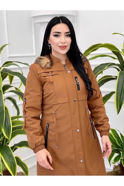 Şeritli Fermuar Parka Kaban 4222 Taba