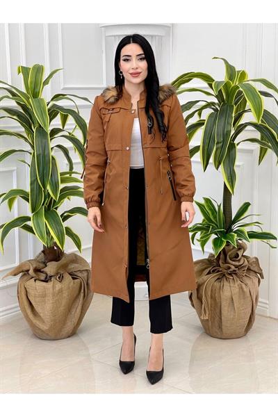 Şeritli Fermuar Parka Kaban 4222 Taba