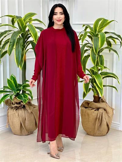 Seyyar Pelerin Simli Elbise 9257 t-24 Bordo
