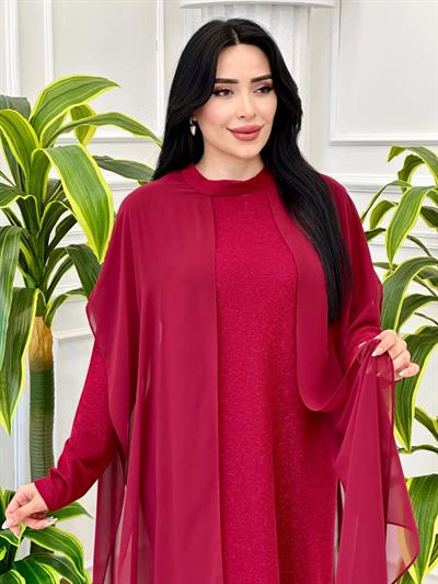 Seyyar Pelerin Simli Elbise 9257 t-24 Bordo