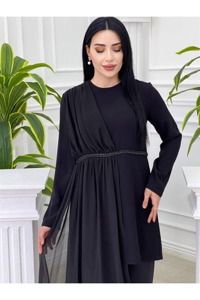 Şifon Detay Tunikli Takım 22043 Siyah