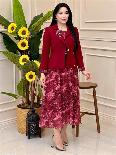 Şifon Elbise Ceketli Takım 0461 t025 Bordo