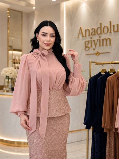 Şifon Fularlı Işıltılı Etekli Takım 5528 T-26 Pudra