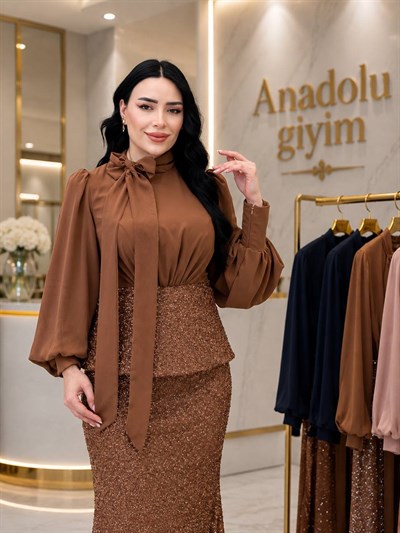 Şifon Fularlı Işıltılı Etekli Takım 5528 T-26 Taba