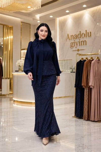 Şifon Fularlı Işıltılı Etekli Takım 5528 T-26 Lacivert
