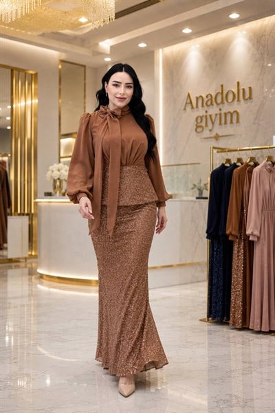 Şifon Fularlı Işıltılı Etekli Takım 5528 T-26 Taba