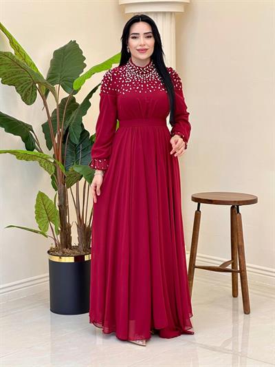 Şifon Önü Taşlı Elbise 5112 T-25 Bordo