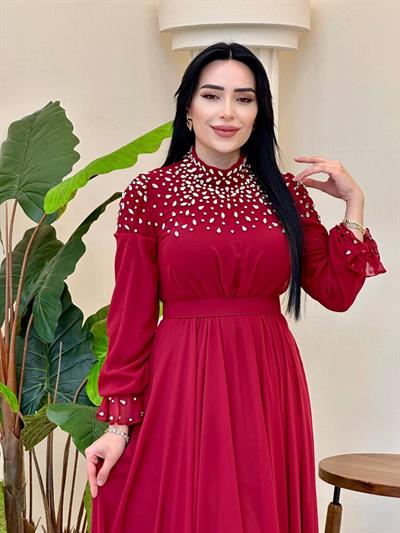 Şifon Önü Taşlı Elbise 5112 T-25 Bordo