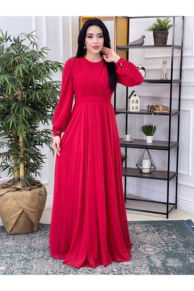 Şifon Tam Tur Elbise 12373 Kırmızı