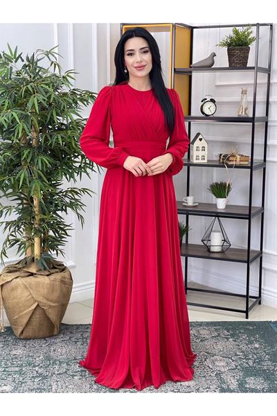Şifon Tam Tur Elbise 12373 Kırmızı
